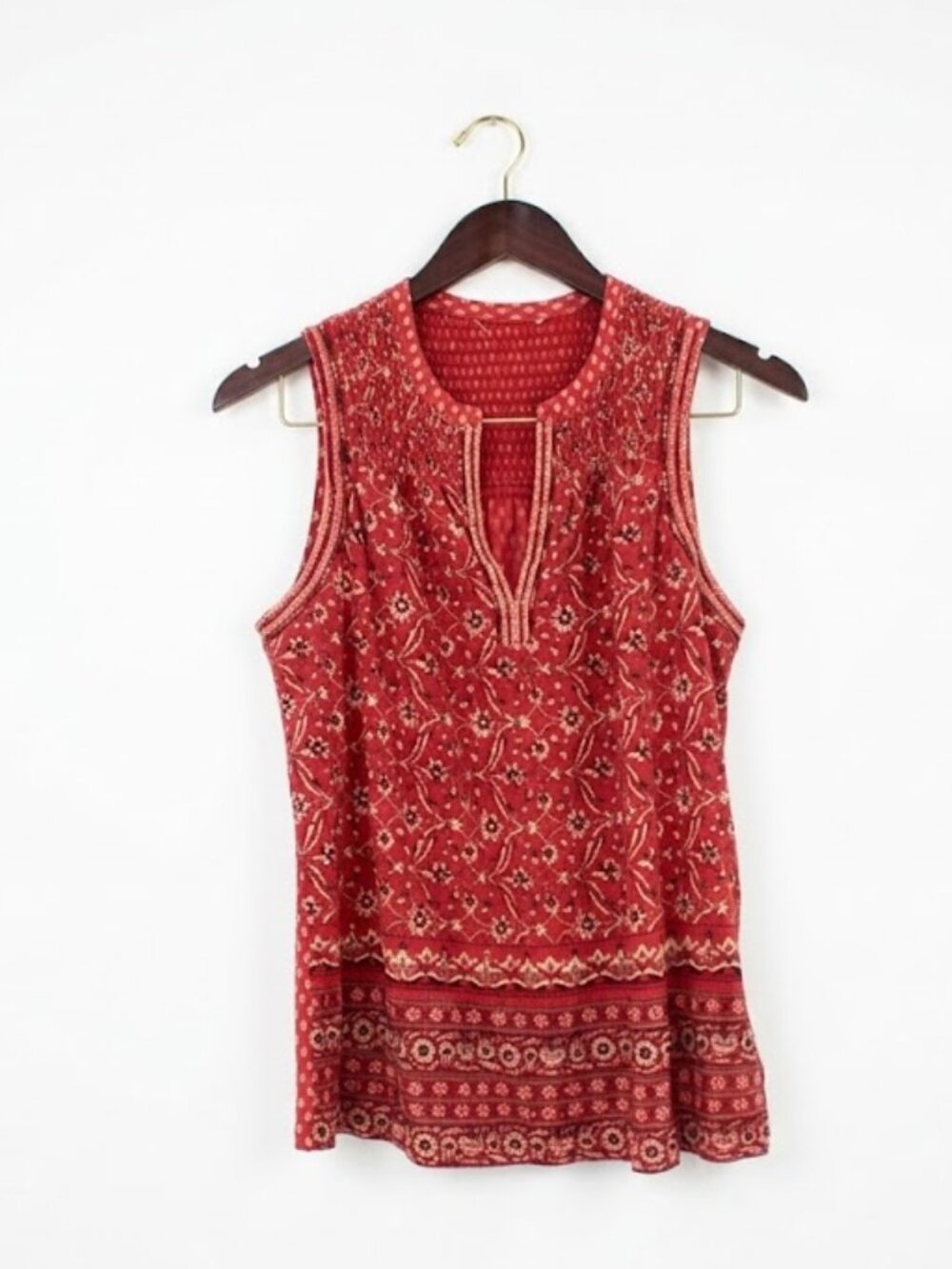 Lucky Brand Boho Floral Smoked Sleeveless Top - Red/Coral Medium